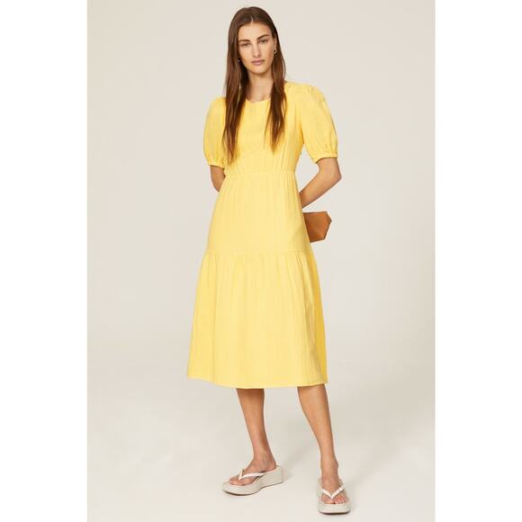 LOVE WHIT Yellow 100% Cotton Tie Back Crewneck Short Sleeve Flowy Midi Dress S - Picture 1 of 12